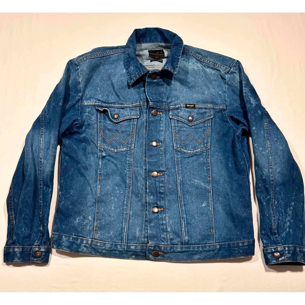 Wrangler Mens Blue Acid Wash Denim Trucker Jacket Western Distressed Large